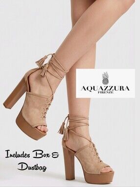 Aquazzura Tan Lace-Up Platform Heels Italy Made Jac Plateau 140 7 Suede